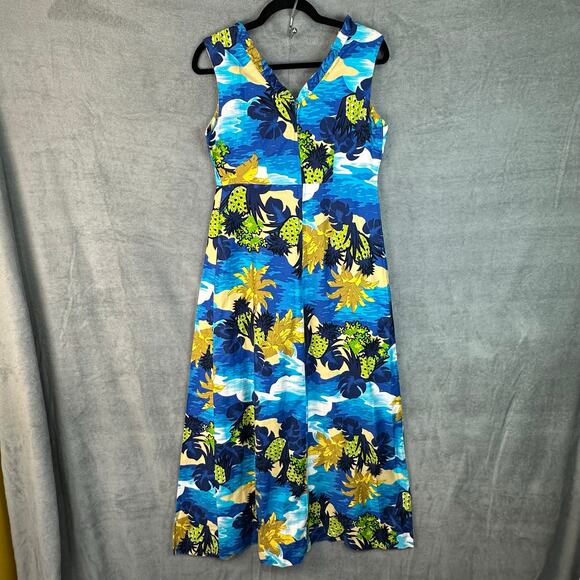 Vintage Hukilau Fashions Dress Women 14 Blue Floral Maxi Tropical Hawaiian Beach - Picture 7 of 12